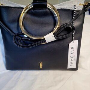 THACKER Le Pouch Leather Black & Gold Hoop Handle Handbag.